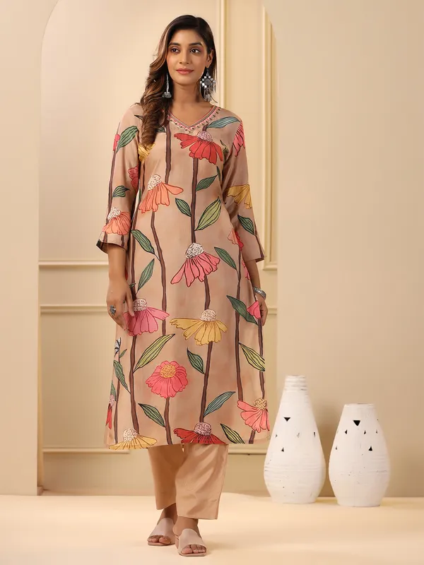 Floral printed beige cotton kurti set