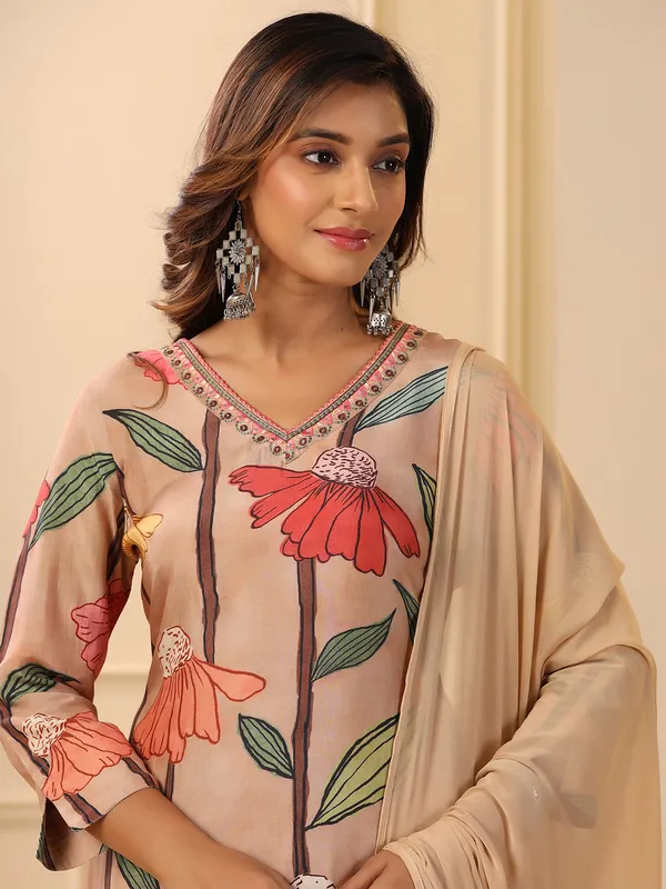 Floral printed beige cotton kurti set