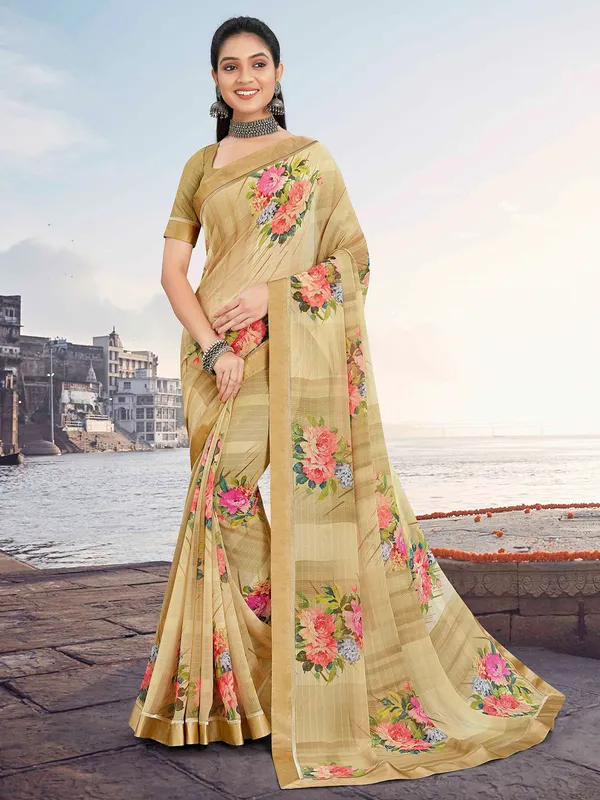 Floral printed beige georgette saree