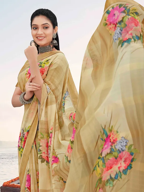Floral printed beige georgette saree