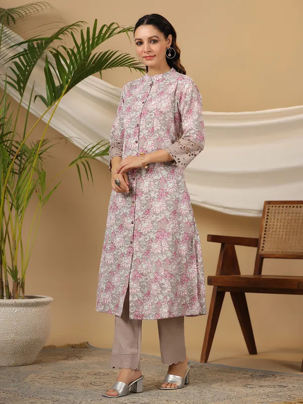 Floral printed beige kurti in cotton