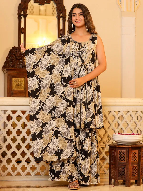 Floral printed black cotton sharara suit