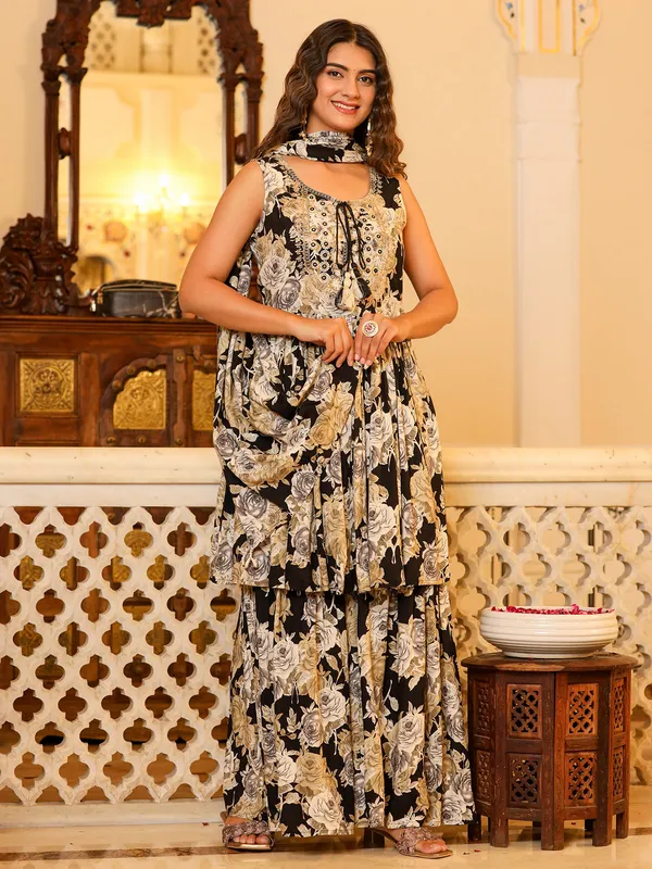 Floral printed black cotton sharara suit