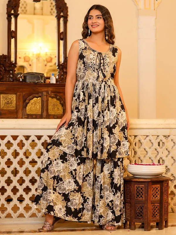 Floral printed black cotton sharara suit