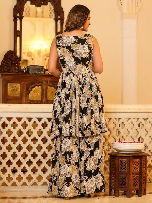 Floral printed black cotton sharara suit
