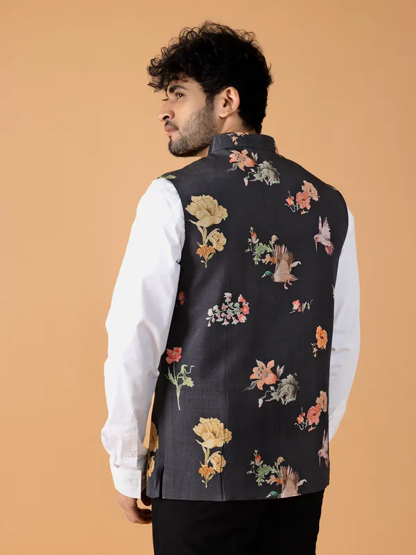 Floral printed black waistcoat