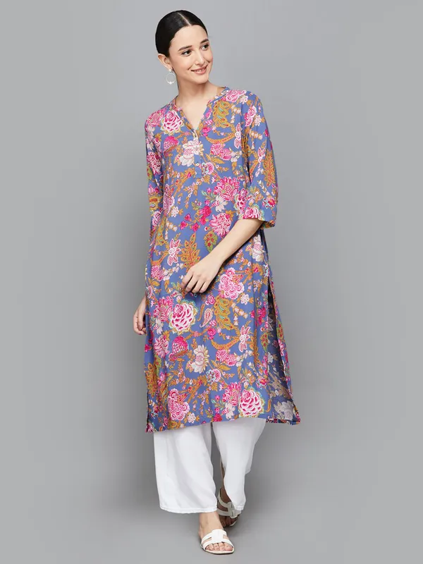 Floral printed blue cotton kurti for women