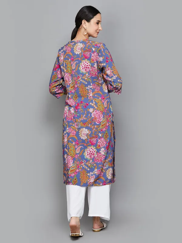 Floral printed blue cotton kurti for women