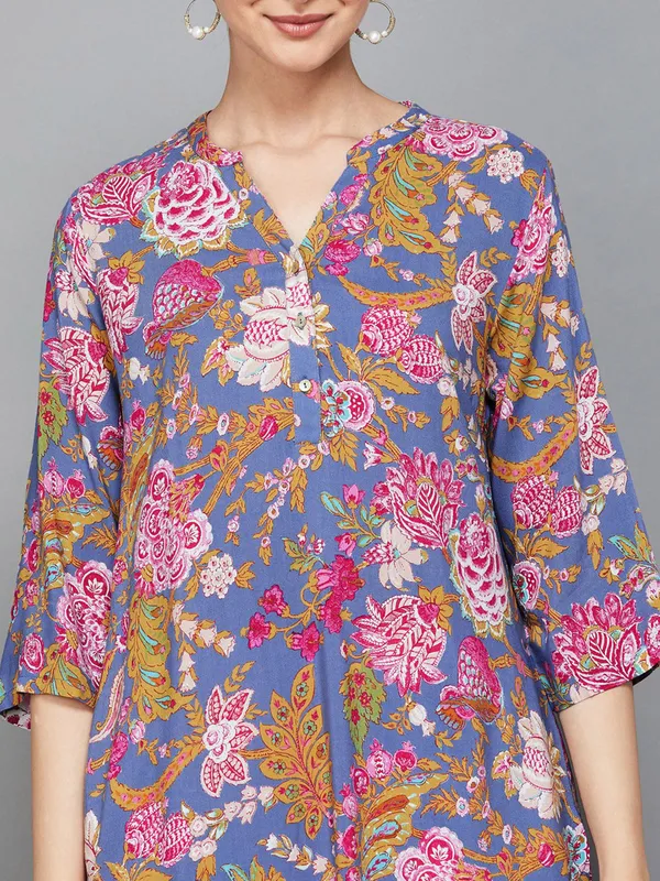 Floral printed blue cotton kurti for women