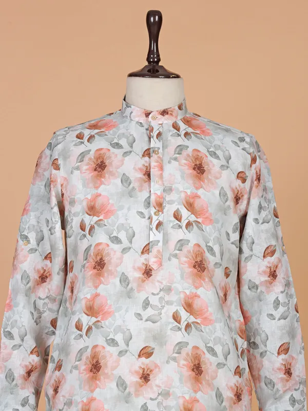 Floral printed cotton grey kurta