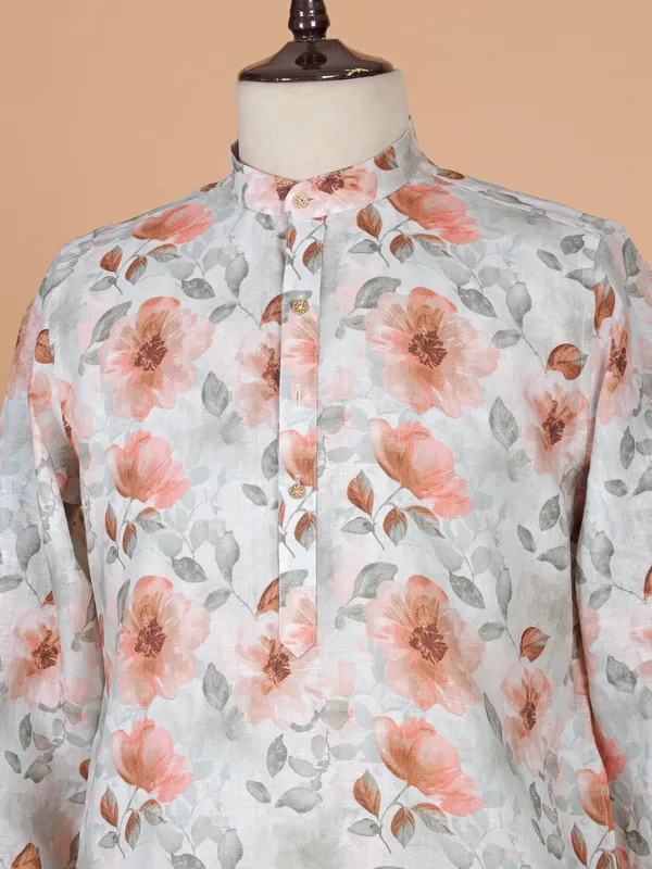 Floral printed cotton grey kurta