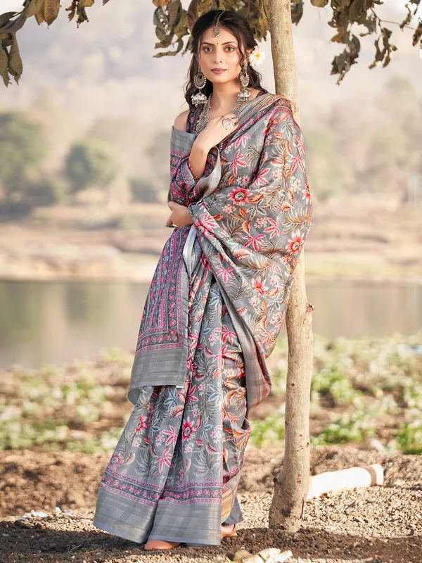 Floral printed cotton grey saree