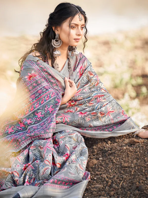 Floral printed cotton grey saree