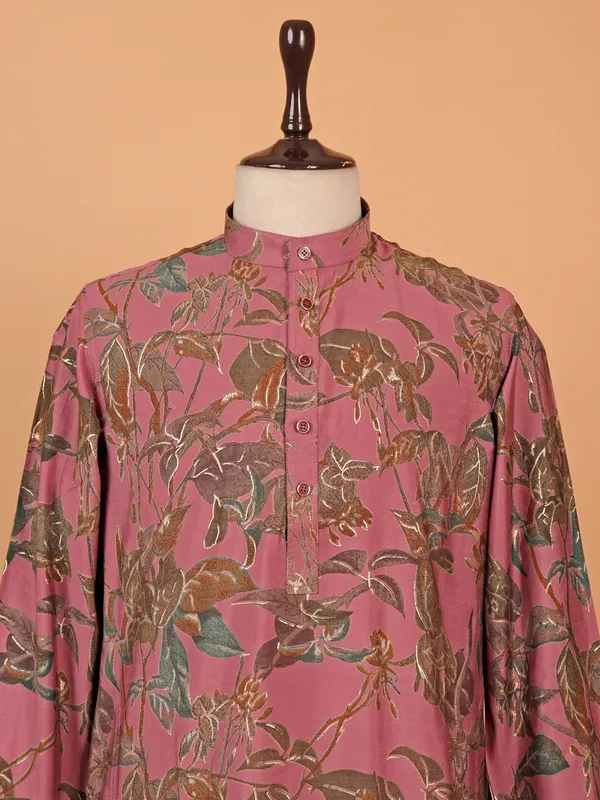 Floral printed cotton pink kurta suit