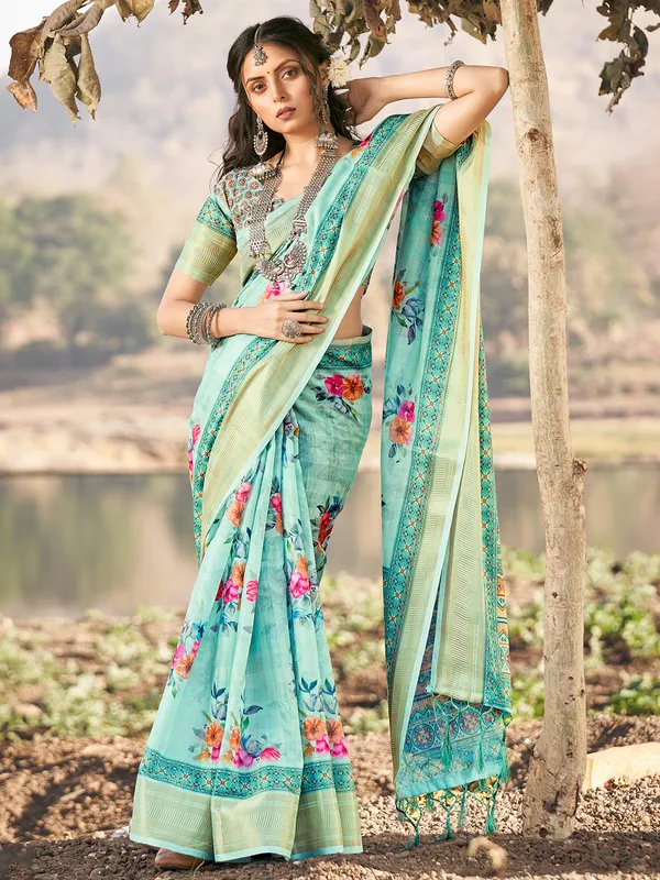 Floral printed cotton saree in sea green
