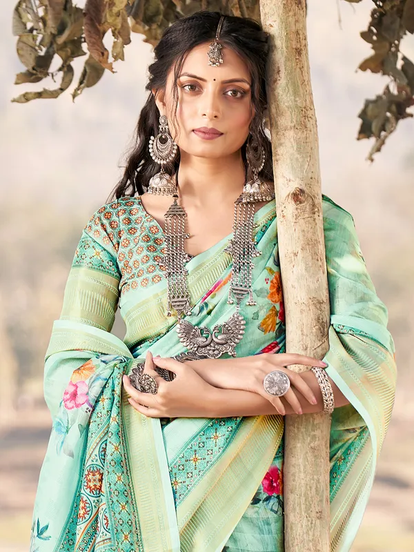 Floral printed cotton saree in sea green