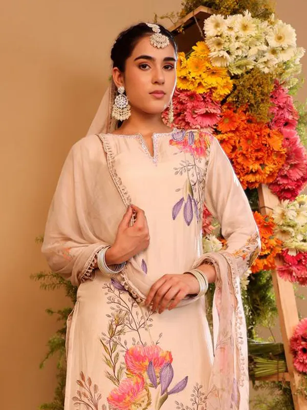 Floral printed cream silk salwar suit