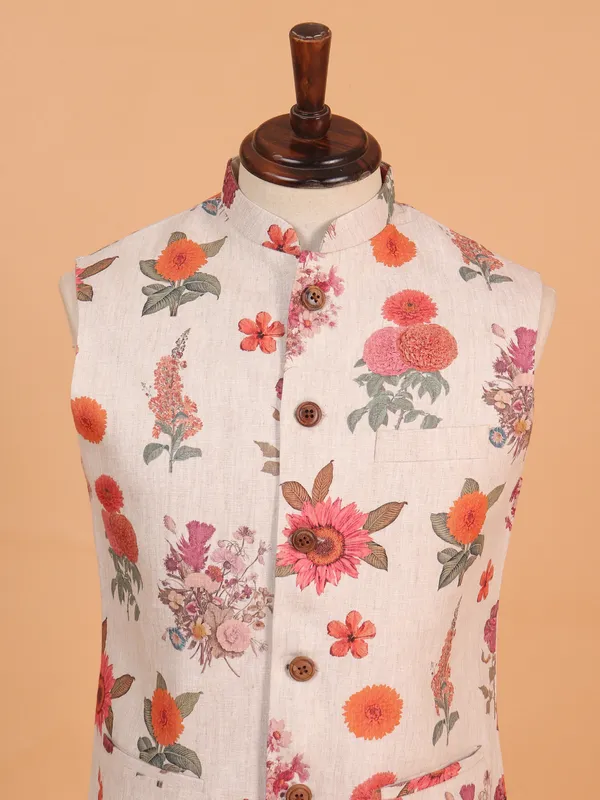 Floral printed cream waistcoat in tarry rayon