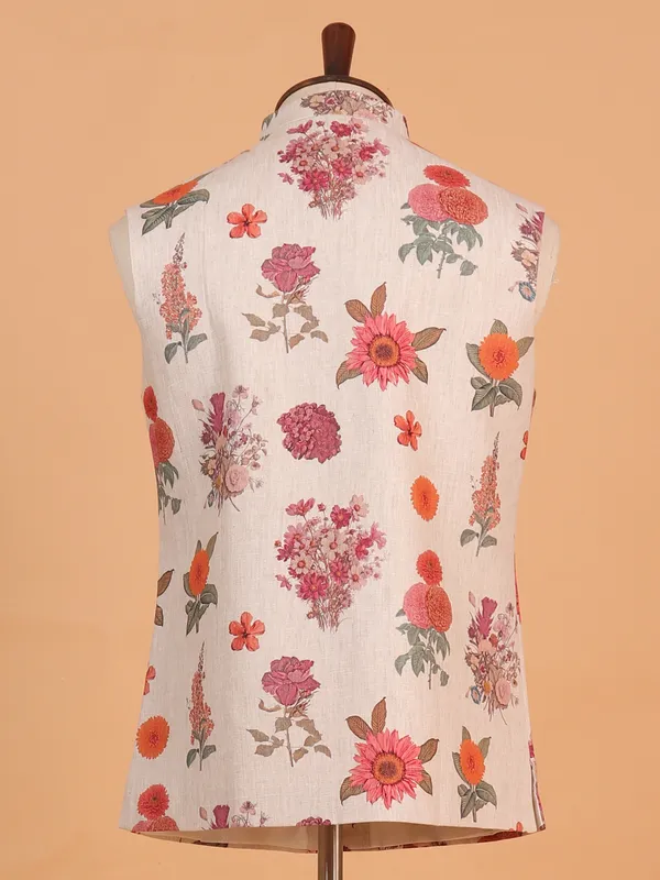 Floral printed cream waistcoat in tarry rayon