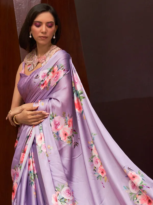 Floral printed crepe silk lavender saree