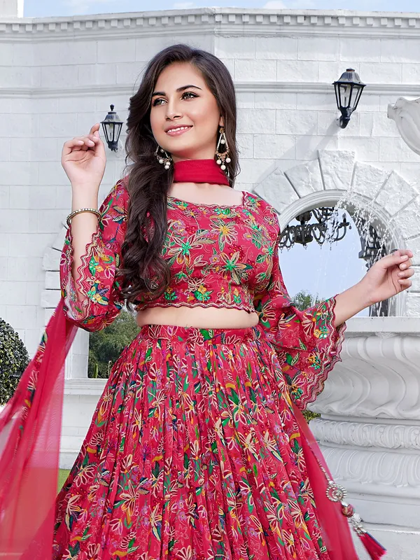 Floral printed georgette lehenga choli in magenta