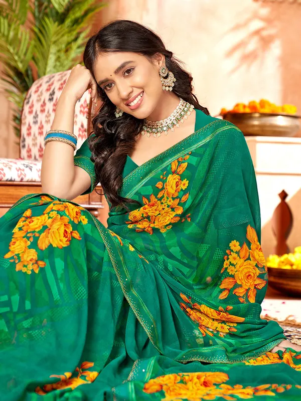 Floral printed green georgette saree