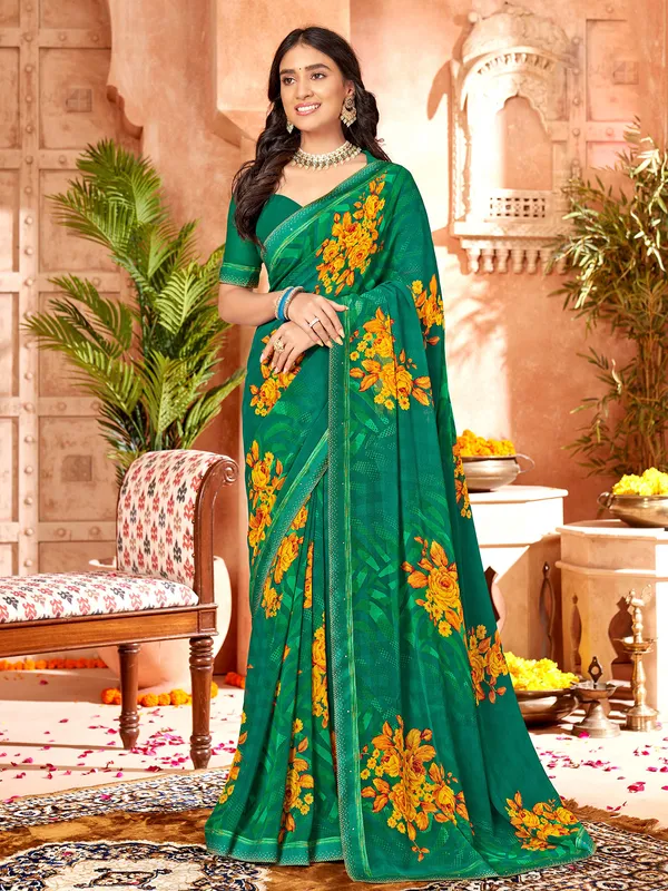 Floral printed green georgette saree