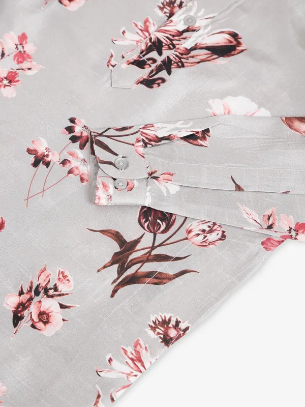 Floral printed grey silk kurta suit