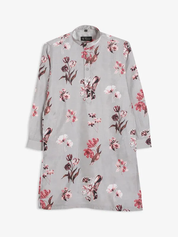 Floral printed grey silk kurta suit