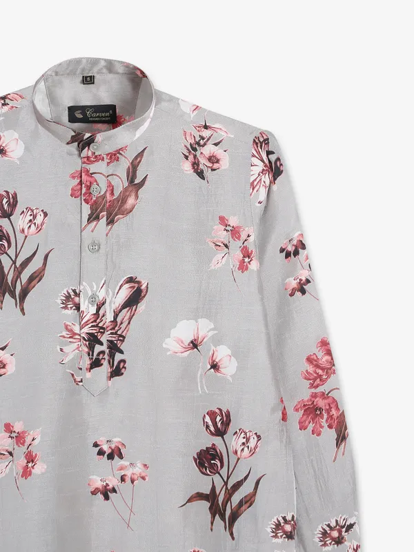 Floral printed grey silk kurta suit