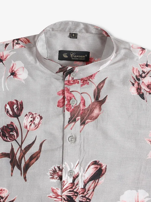 Floral printed grey silk kurta suit