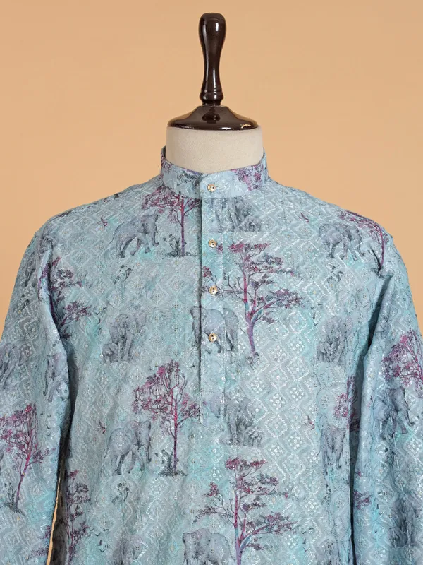 Floral printed light blue cotton kurta