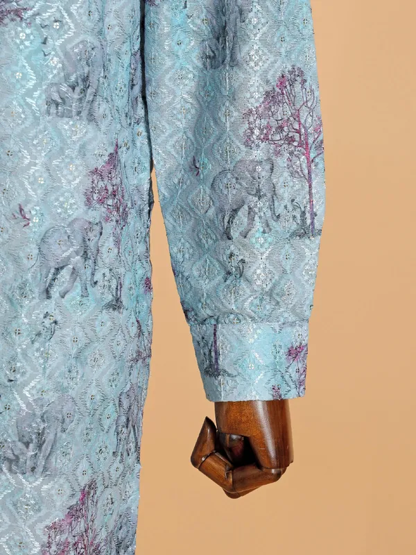 Floral printed light blue cotton kurta