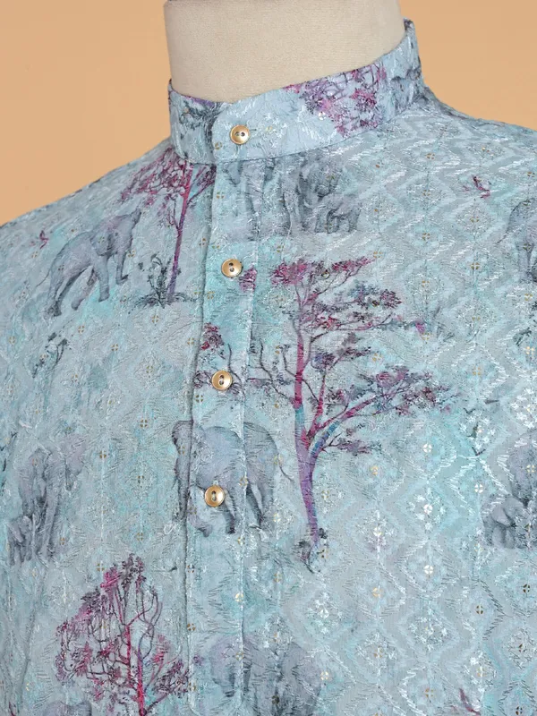 Floral printed light blue cotton kurta