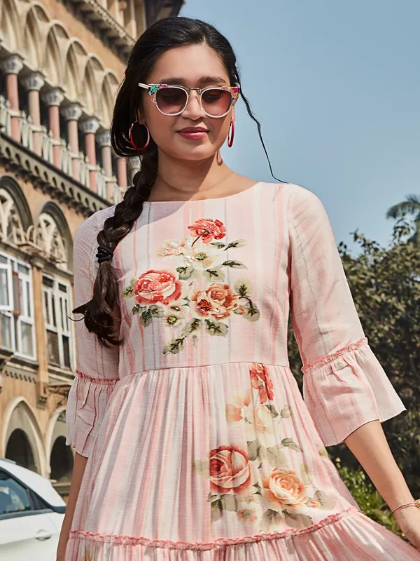 Floral printed light pink cotton kurti