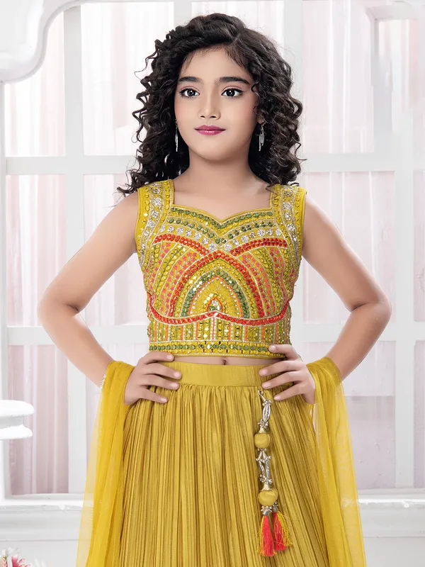 Floral printed mustard yellow silk lehenga choli for haldi