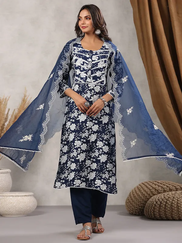 Floral printed navy silk kurti set