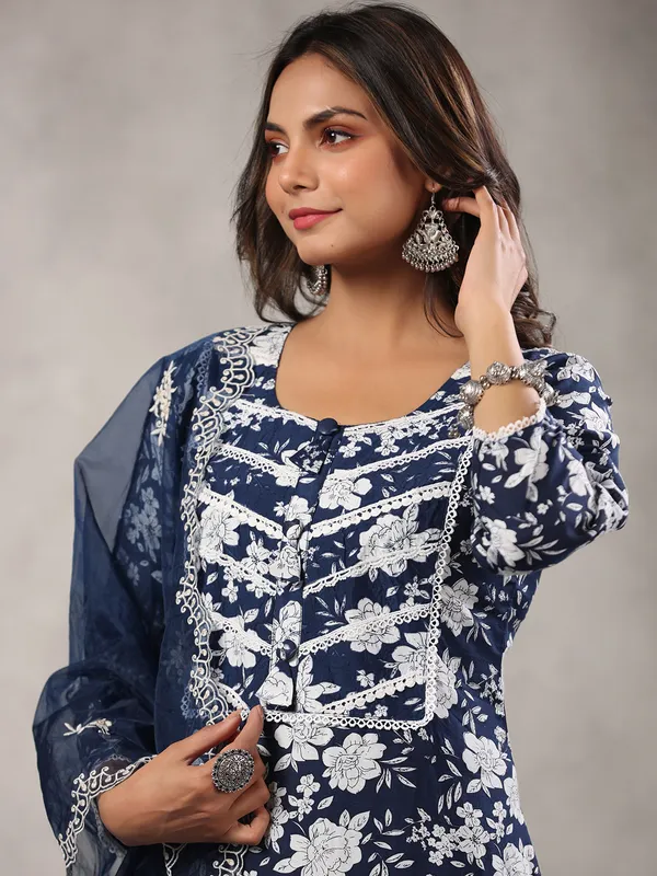 Floral printed navy silk kurti set