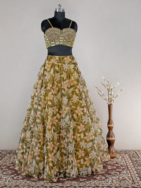 Floral printed olive organza lehenga choli for reception