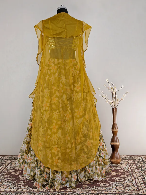 Floral printed olive organza lehenga choli for reception