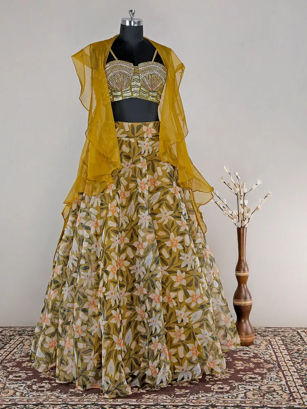 Floral printed olive organza lehenga choli for reception