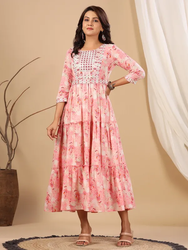 Floral printed pink cotton kurti