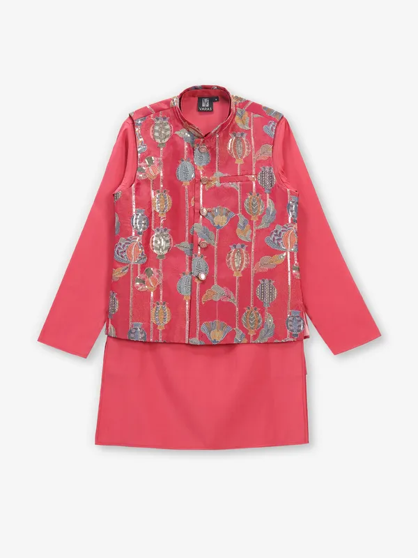 Floral printed pink waistcoat set for boys