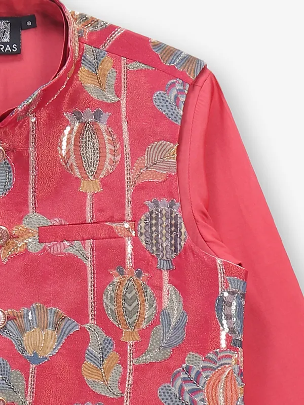 Floral printed pink waistcoat set for boys