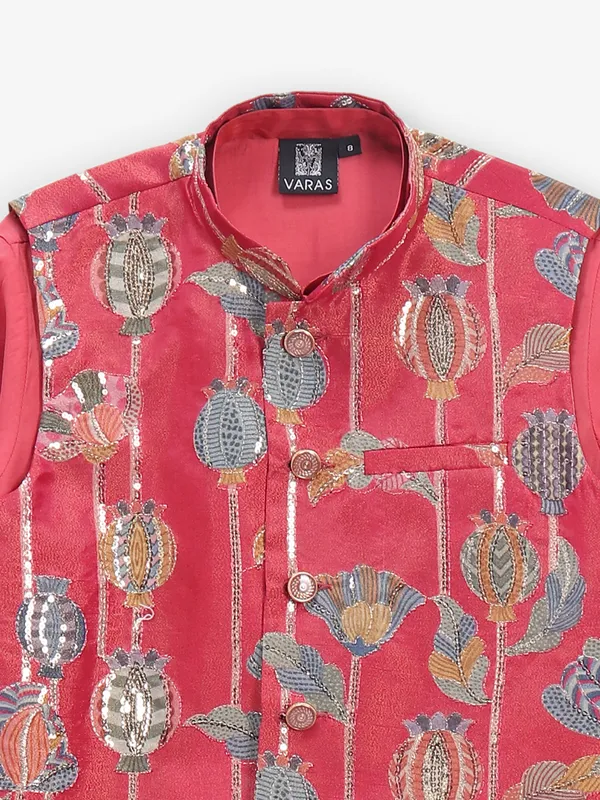 Floral printed pink waistcoat set for boys