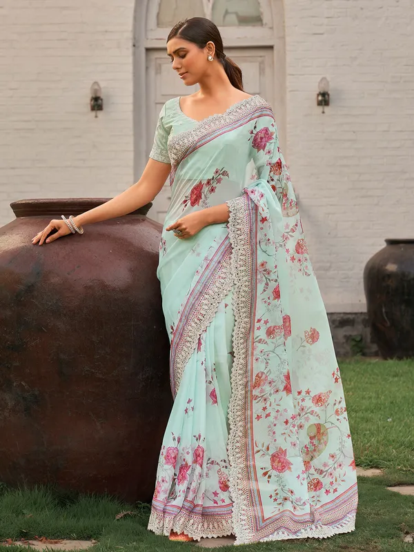 Floral printed pista green georgette saree