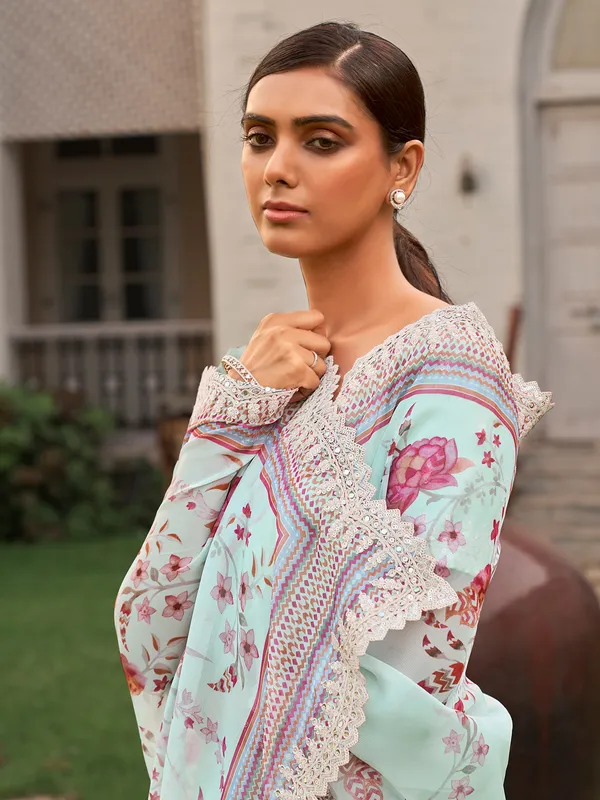 Floral printed pista green georgette saree