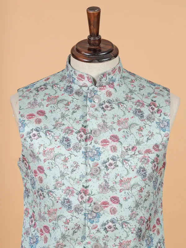 Floral printed pista green waistcoat
