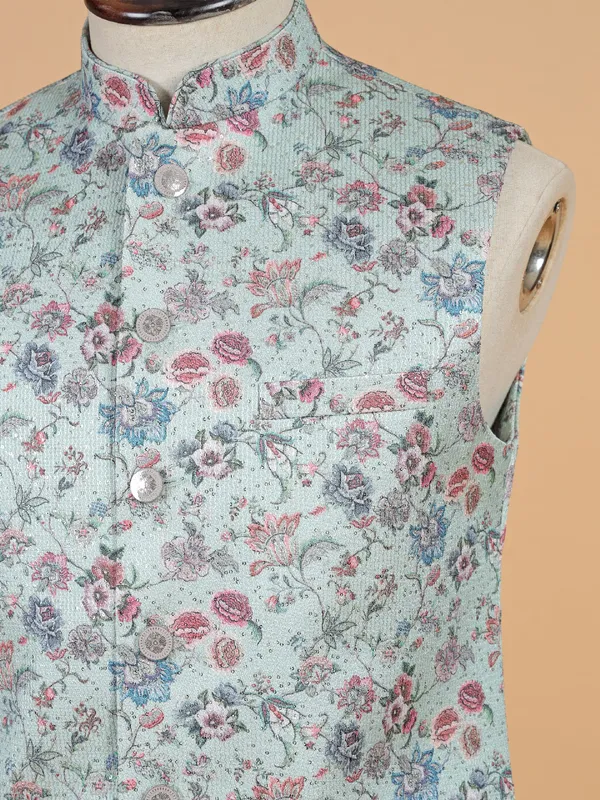 Floral printed pista green waistcoat