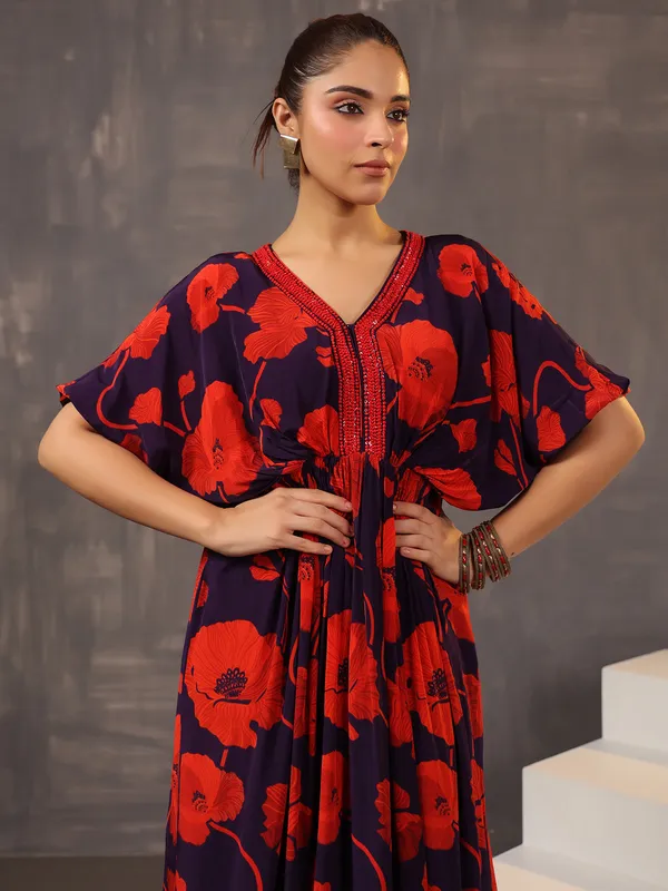 Floral printed purple silk desinger suit